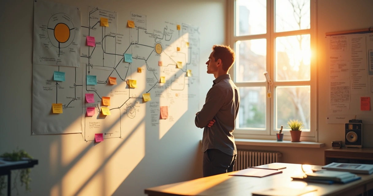 Persona pensando sus hábitos diarios de manera sistémica 