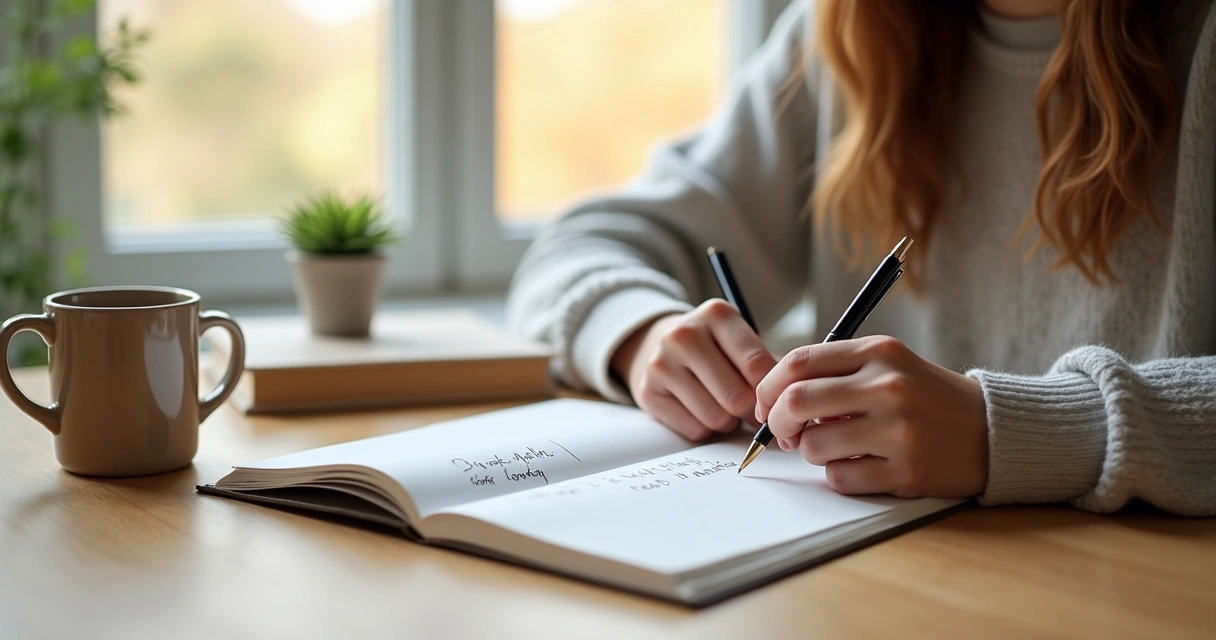 Pessoa anotando pequenos hábitos positivos em um caderno ao lado de uma xícara em uma mesa organizada 