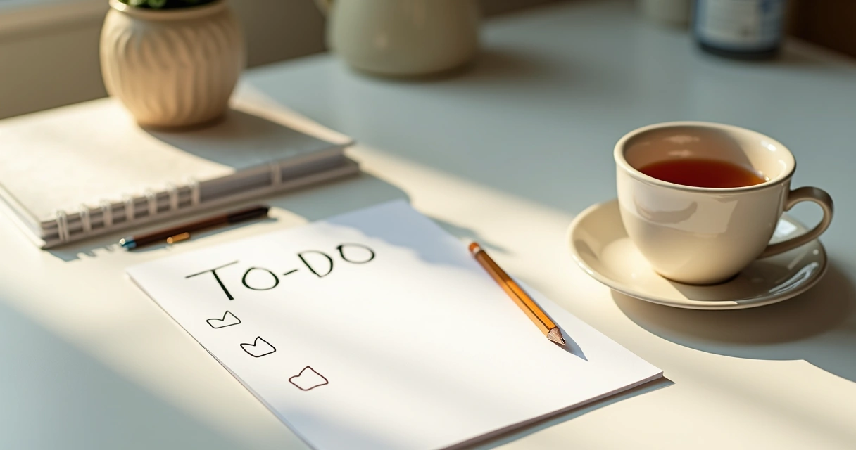 Lista de tarefas simples ao lado de xícara de chá e lápis 