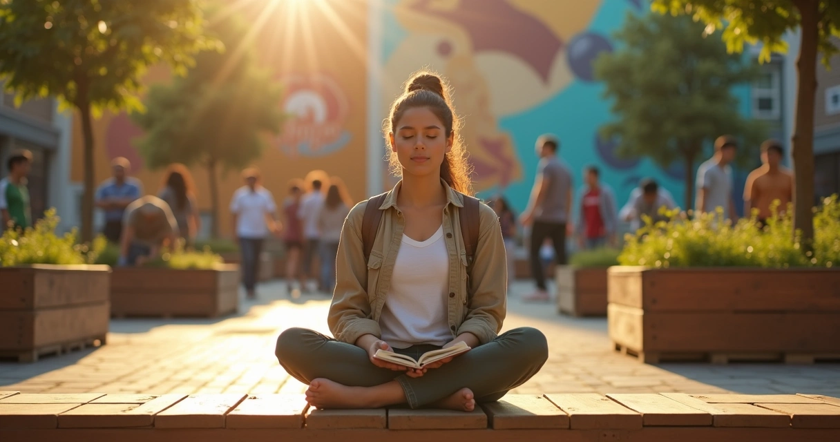 Pessoa sentada em banco urbano unindo meditação e colaboração social 