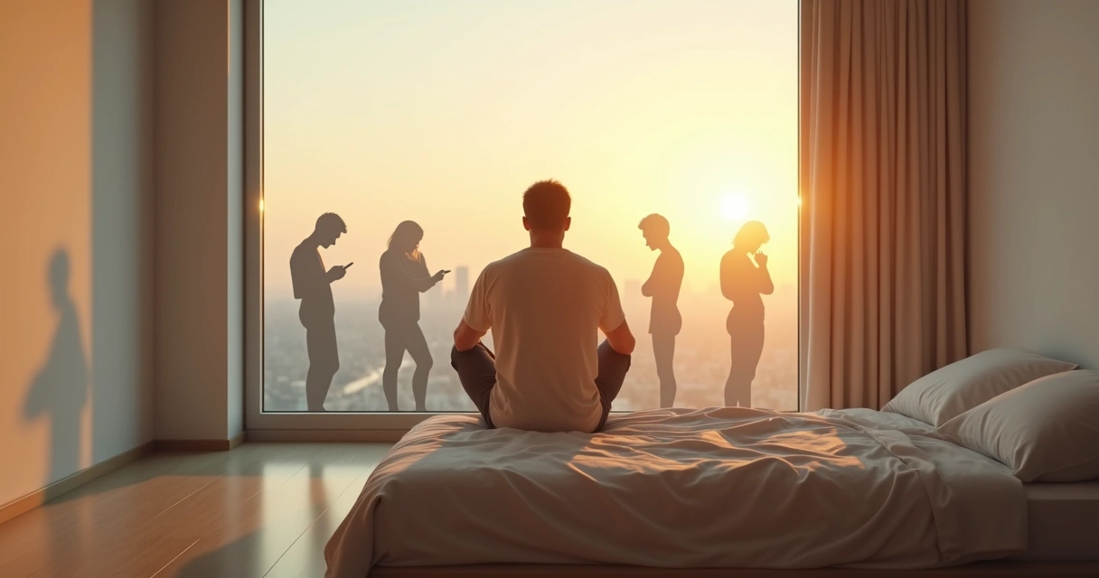 Pessoa refletindo sozinha diante de uma parede com sombras representando hábitos negativos 