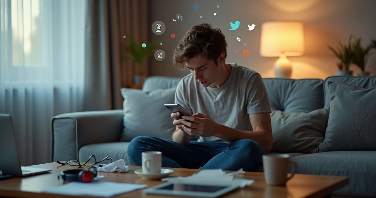 Persona sentada con el móvil en la mano y la mente dispersa entre varios pensamientos 