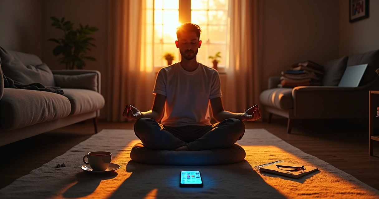 Pessoa tentando meditar cercada por interrupções e desorganização ao redor 