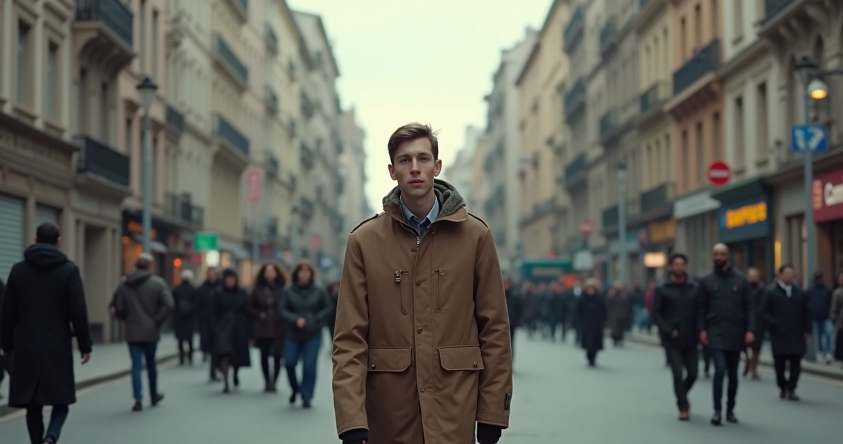 Pessoa andando por uma rua movimentada com expressão distante