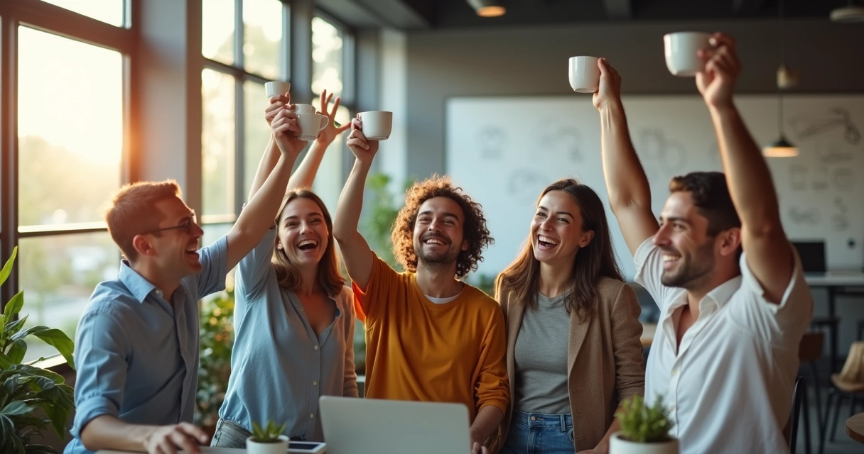 Colaboradores celebrando um pequeno sucesso no escritório 