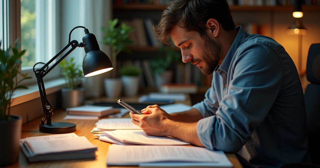 Mãos mexendo no celular em uma mesa de trabalho ao lado de tarefas inacabadas 