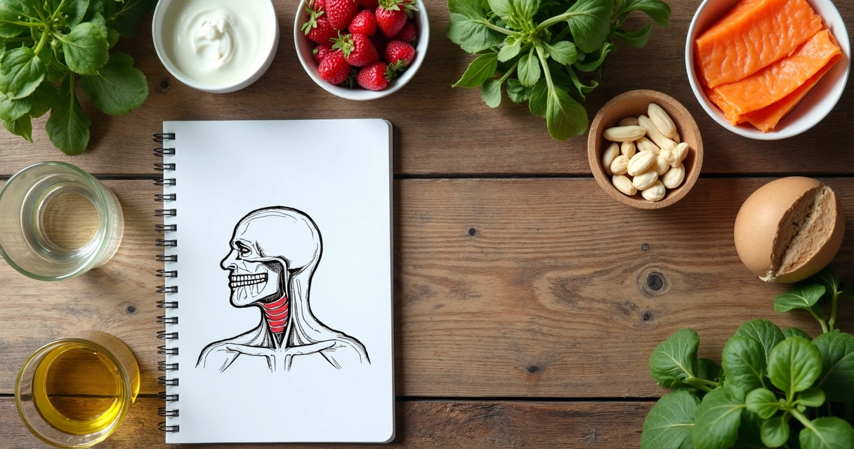 Alimentos saludables y libreta junto a una figura del cuello
