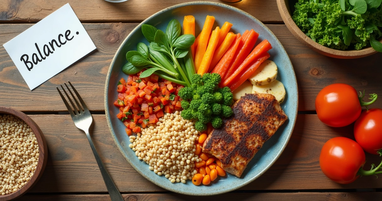 Plato equilibrado con alimentos variados y coloridos
