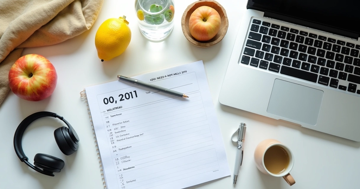 Mesa de trabajo con agua, fruta, agenda y auriculares en un entorno luminoso 