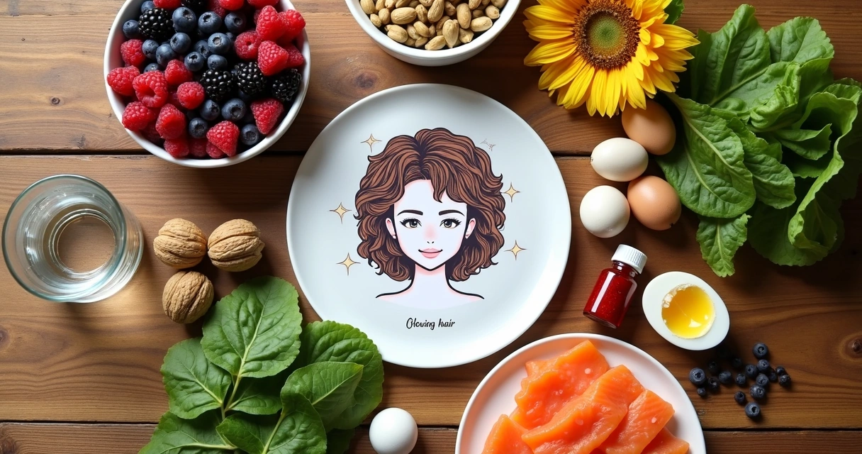 Alimentos saudáveis e água formando um círculo em torno de cabelos, pele e unhas 