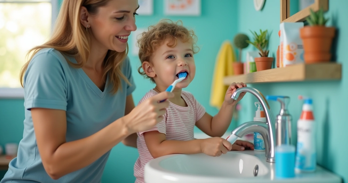 Criança escovando os dentes com supervisão de adulto 