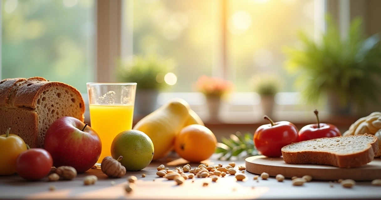 Mesa de café da manhã com frutas frescas, água e itens saudáveis 