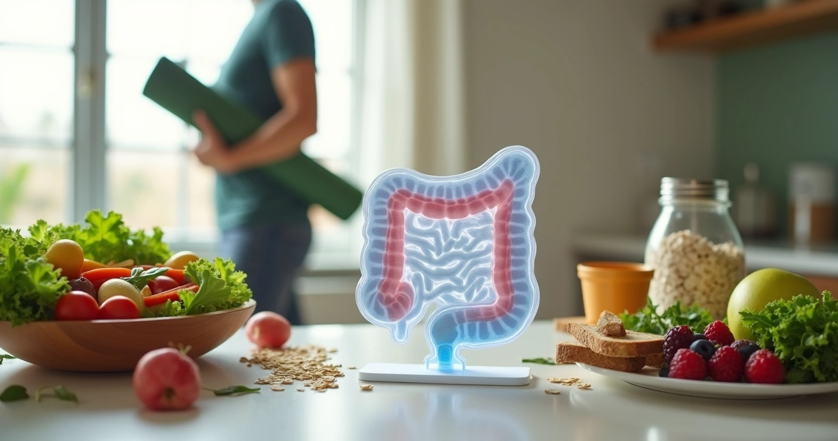 Mesa com alimentos ricos em fibra ao lado de modelo anatômico transparente do intestino 