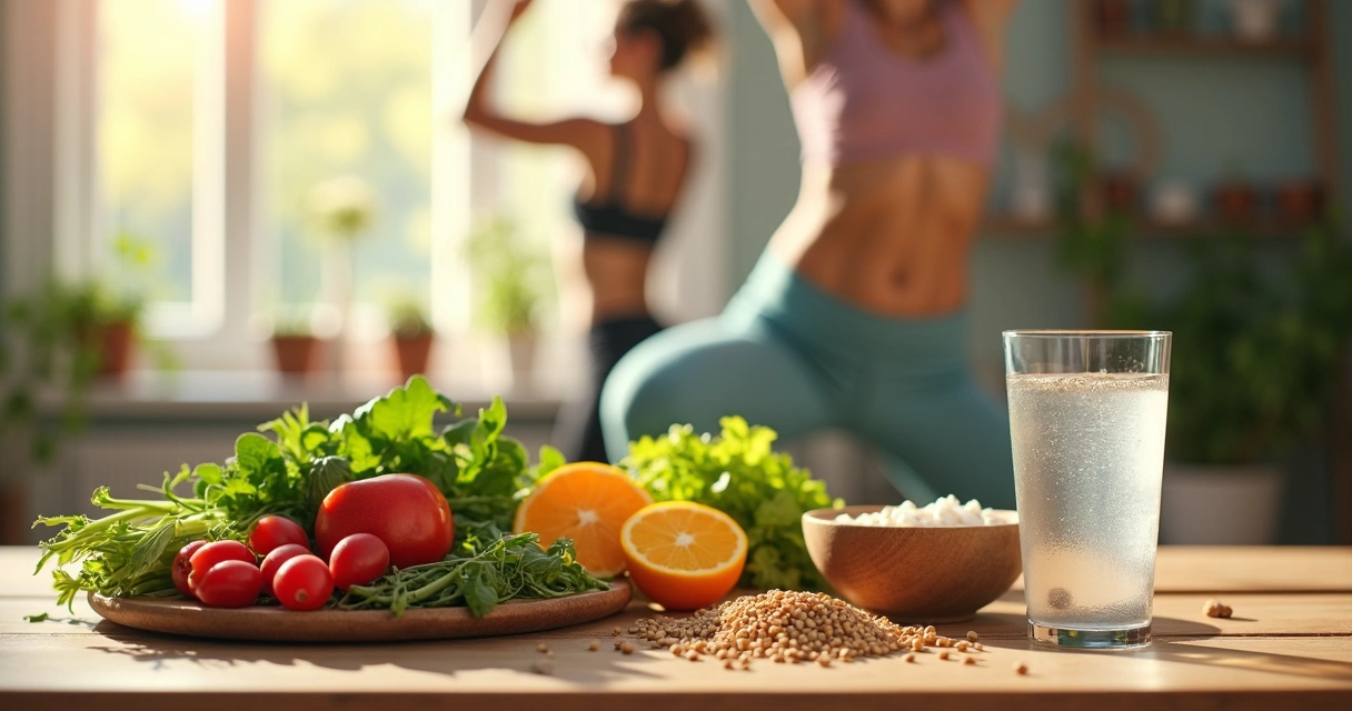 Mesa com alimentos saudáveis e água, mulher praticando exercícios 