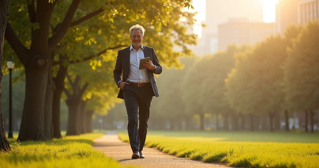 Líder caminhando ao ar livre em fim de tarde 