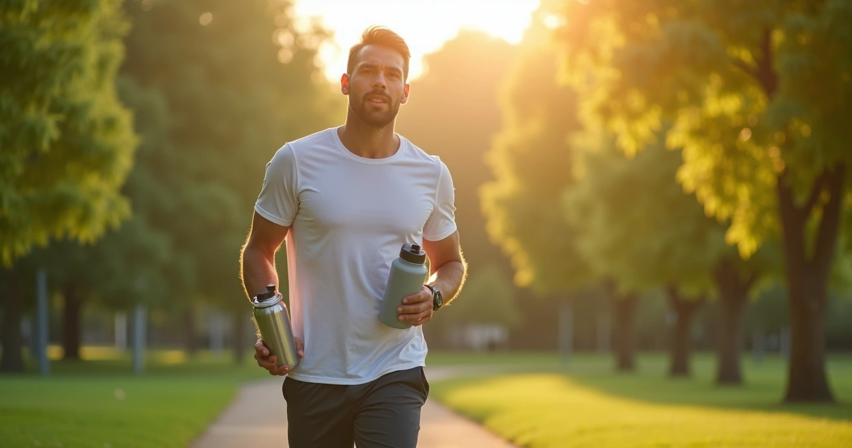 Homem caminhando ao ar livre com garrafa de água e roupa esportiva 