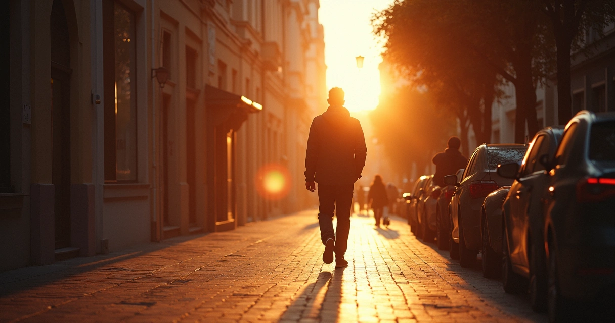 Homem executando caminhada ao ar livre em ambiente urbano sofisticado durante o amanhecer 
