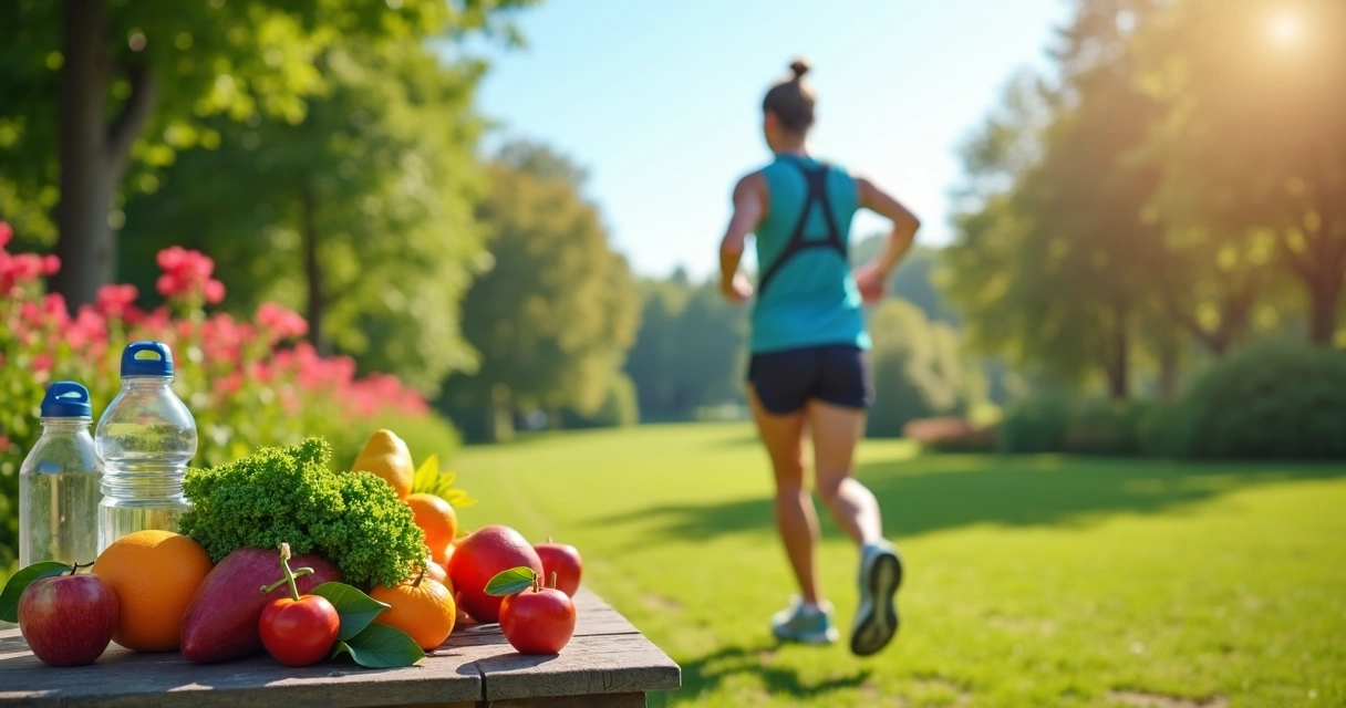 Pessoa praticando atividade física ao ar livre em ambiente ensolarado com frutas frescas e vegetais ao fundo 