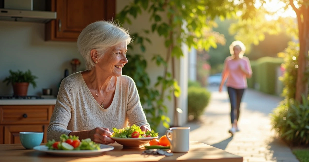 Mulher comendo salada e caminhando para prevenir varizes e trombose 