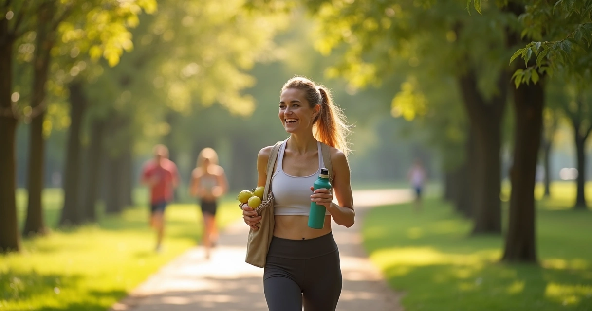 Mulher saudável caminhando ao ar livre com frutas. 