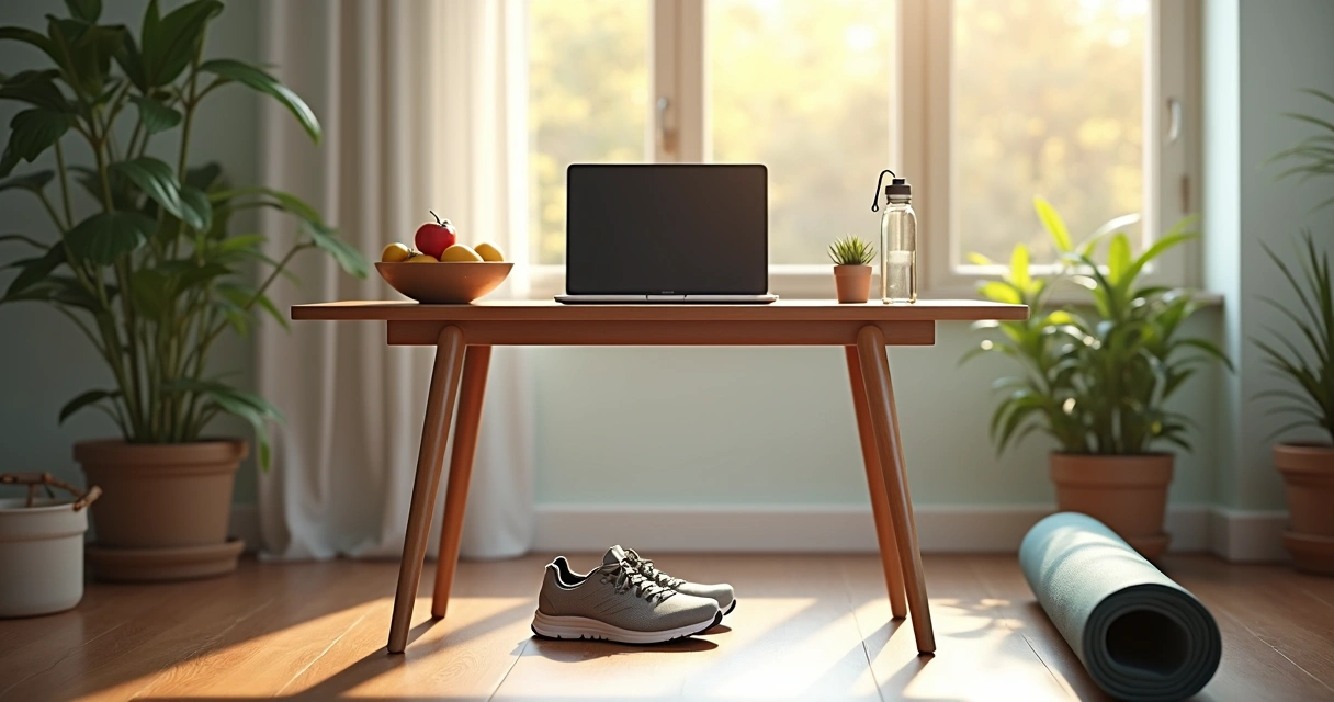Mesa de trabalho com frutas, água, notebook e tênis de corrida ao lado 