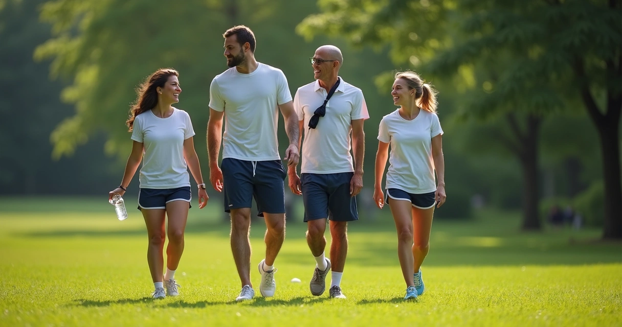 Pessoas caminhando ao ar livre usando roupas esportivas 