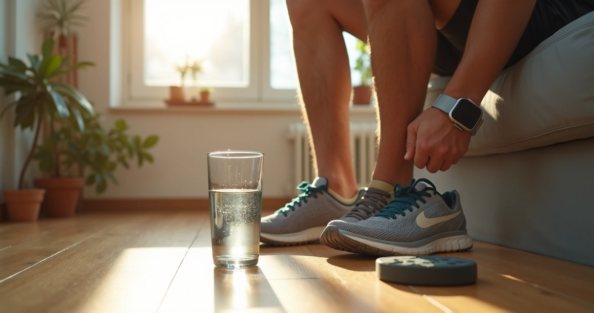 Homem organizando hábitos saudáveis com exercício, água e alimentação 