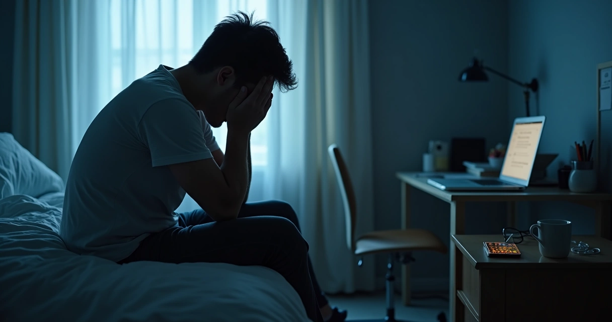 Pessoa pensativa à beira da cama com mente nublada ao amanhecer 