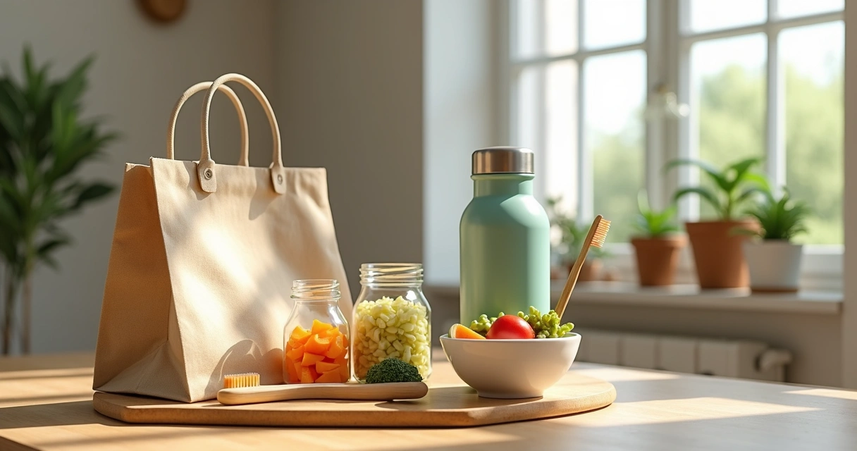 Mesa com itens do dia a dia sustentáveis