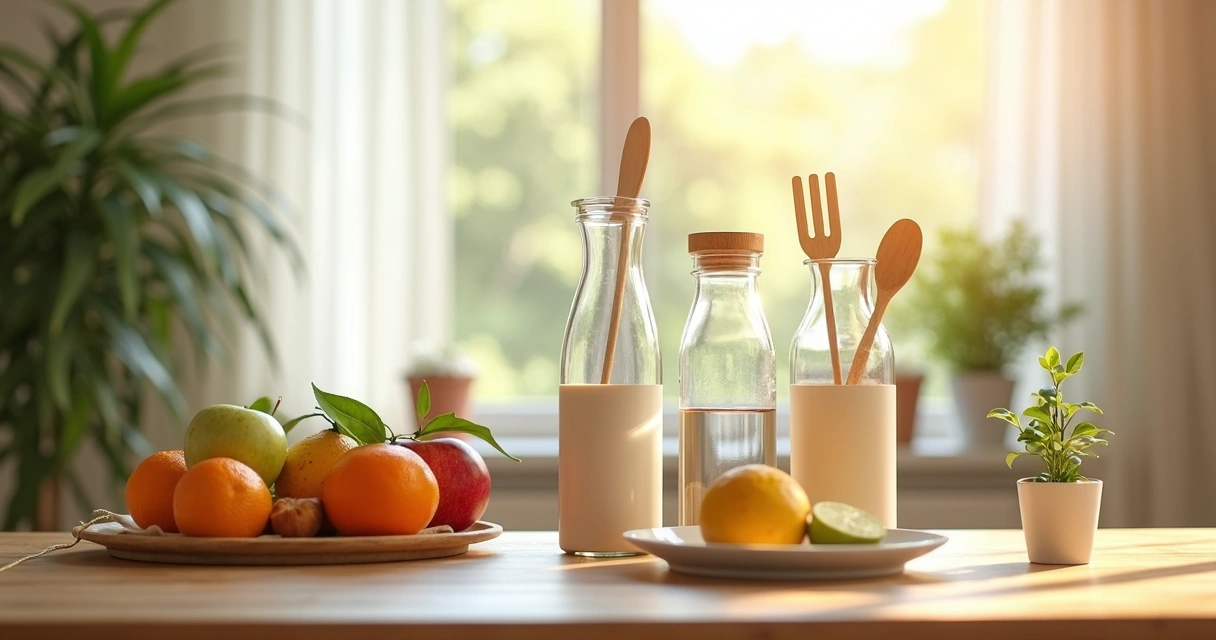 Mesa com produtos sustentáveis, frutas orgânicas, vidro com água reutilizável e plantas ao fundo 