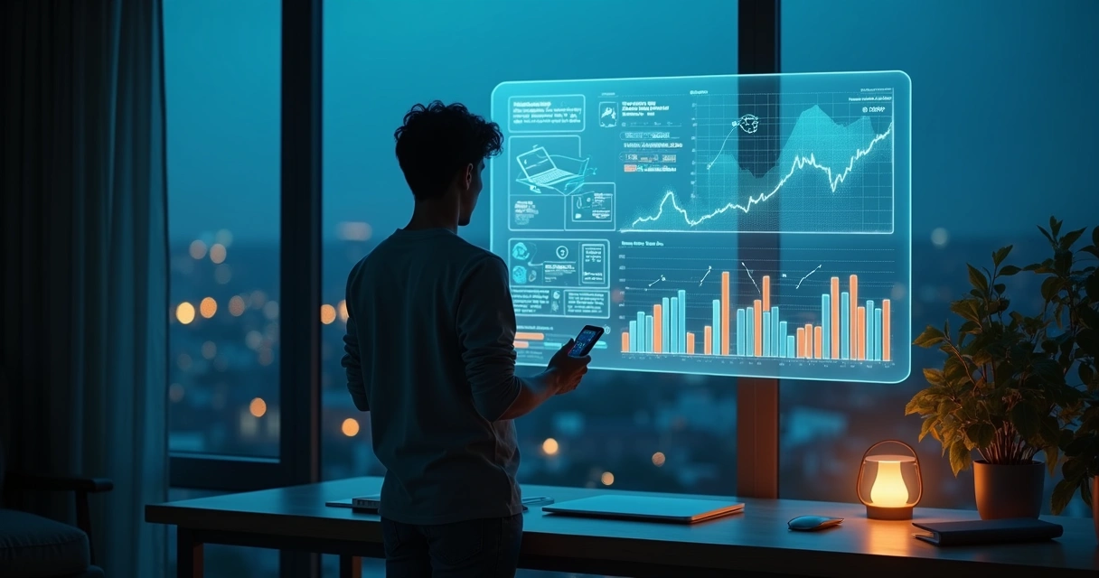 Pessoa observando um painel digital com dados de uso de tecnologia 