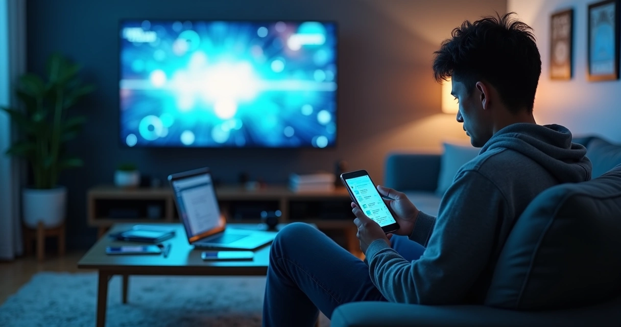 Pessoa usando notebook, celular e televisão simultaneamente