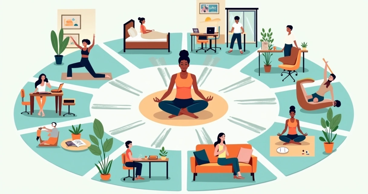 Ilustração mostrando hábitos diários influenciados pelo yoga ao longo do dia 