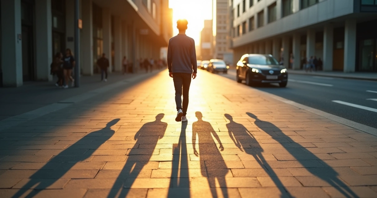 Persona caminando con diez sombras pesadas sujetándola desde atrás 