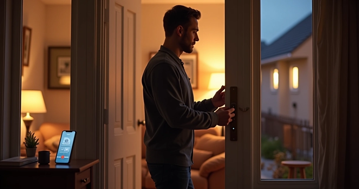 Pessoa checando alarmes e fechaduras em casa ao anoitecer 