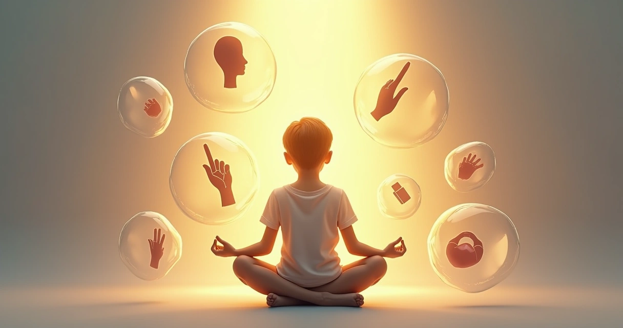 Illustration showing a person surrounded by floating icons representing bad habits like a phone, raised finger for blame, comfort bubble, and crossed-out heart for judgment. 