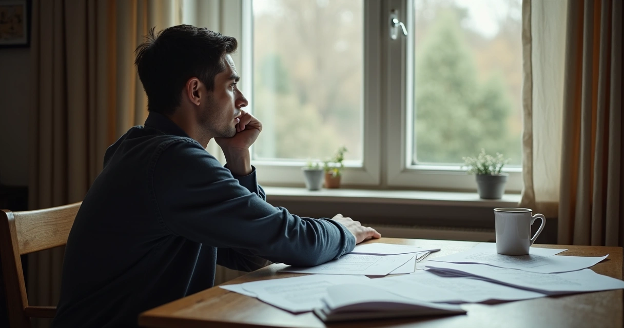 Persona sentada frente a una ventana, mirando hacia afuera con papeles y una taza sin tocar sobre la mesa