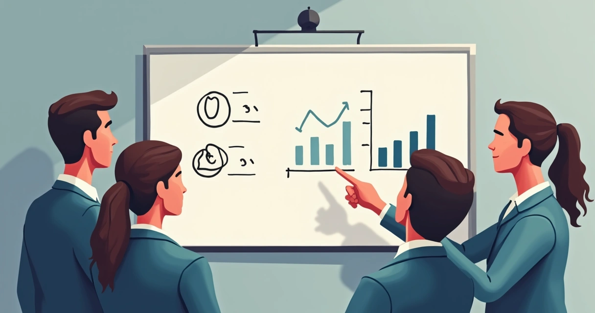 Equipe comercial de PME em fila para discutir resultados de vendas em quadro com poucos indicadores 