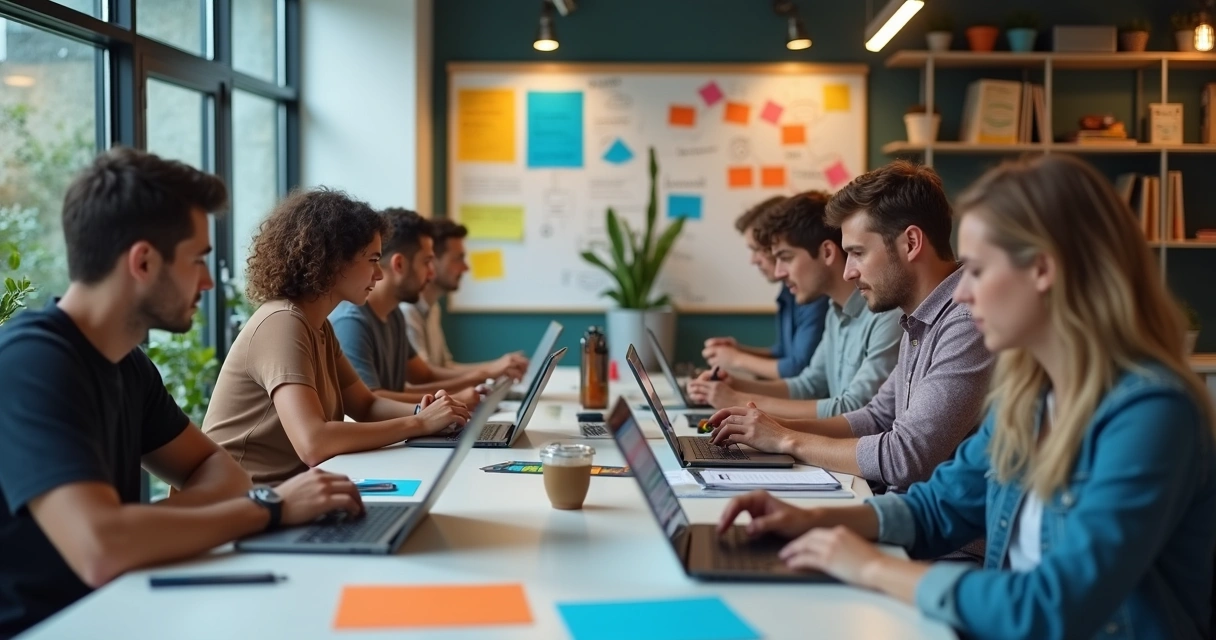 Equipe participa de hackathon em ambiente moderno e colorido