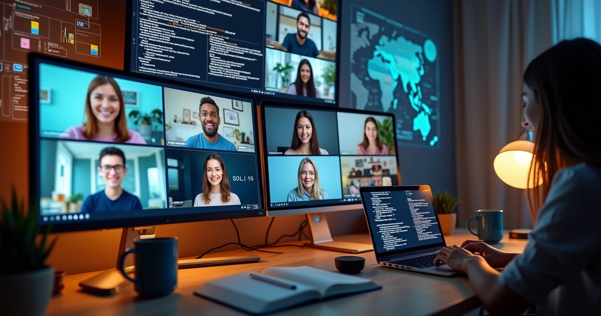 Equipe remota participando de hackathon virtual com múltiplas telas e colaboração online 