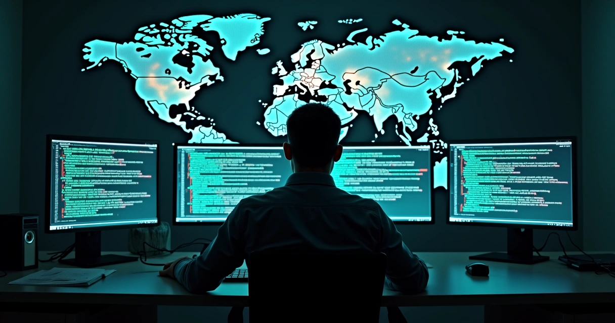 Person in front of multiple screens running scripts and bots 