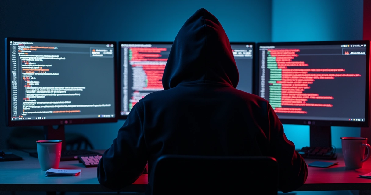 Homem encapuzado em frente a vários monitores com gráficos de criptomoedas 