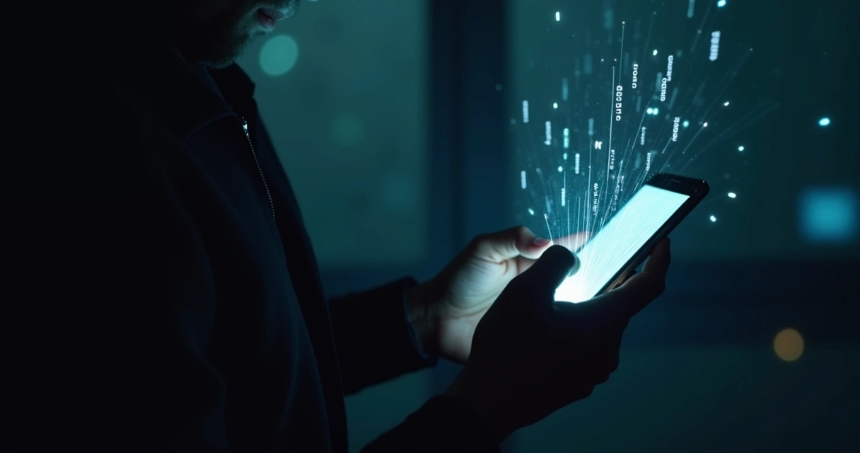 Pessoa digitando no celular em ambiente escuro