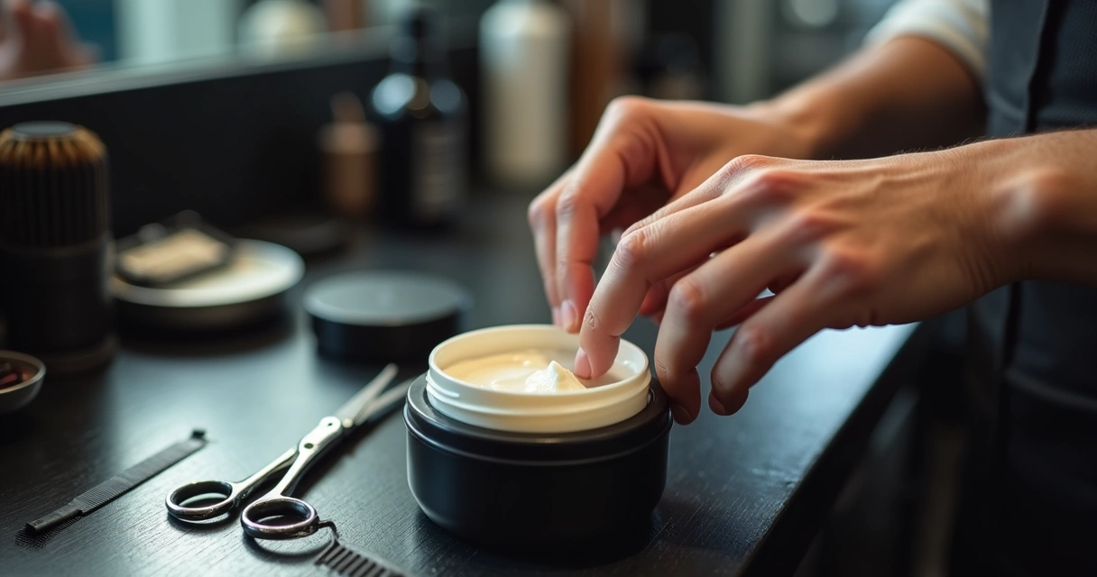 Hands testing hair styling product texture in barbershop