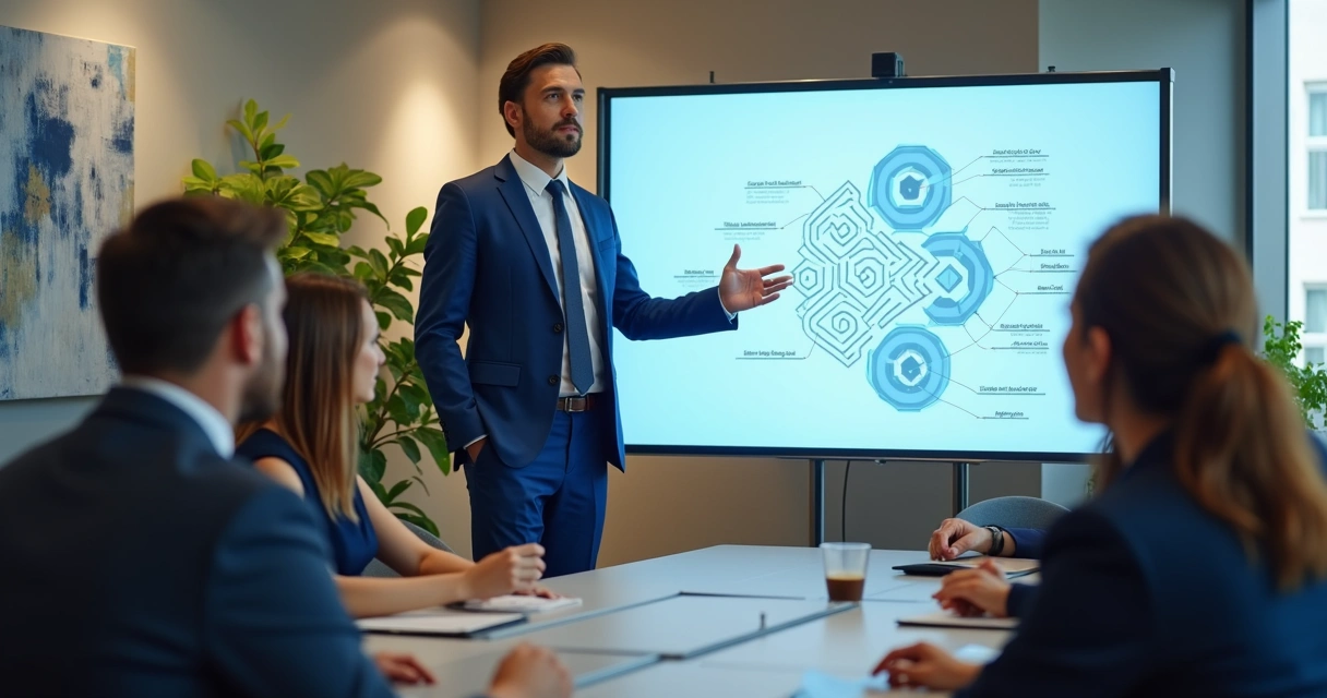 Homem de negócios apresentando estratégia para equipe em sala de reuniões moderna 