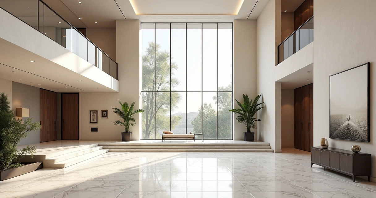 Hall elegante com entrada de luz natural e pé direito elevado 