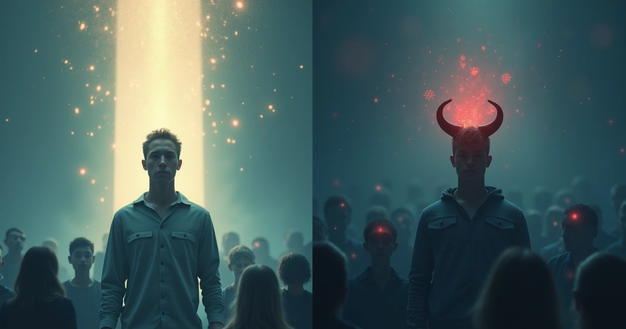 Illustration showing both 'halo' and 'horns' effects, with a person surrounded by glowing light on one side and shadows on the other, visualizing the contrast of biases 