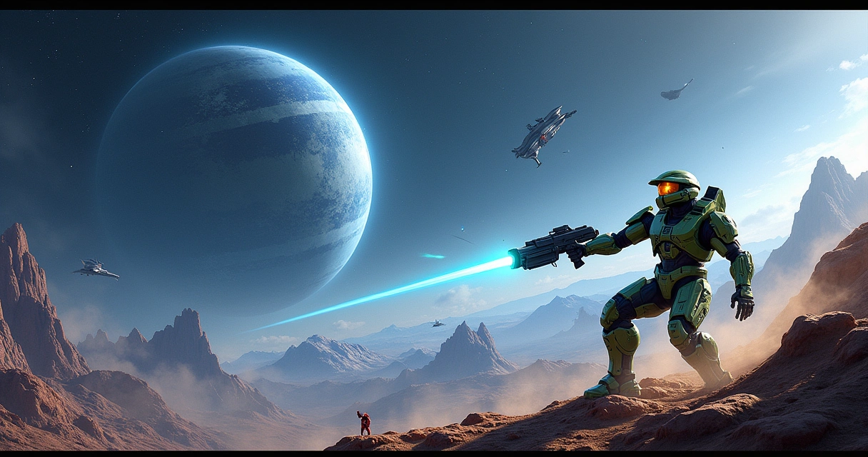 Cena vibrante do jogo Halo com Master Chief em armadura, naves espaciais e planetas alienígenas.