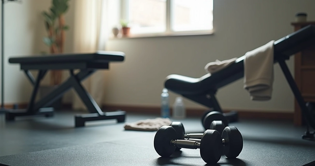 Halteres organizados em espaço de treino em casa para exercícios de tríceps 