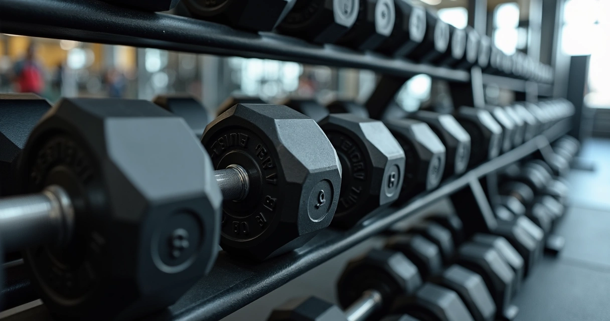 Diferentes halteres organizados em prateleiras de uma academia 